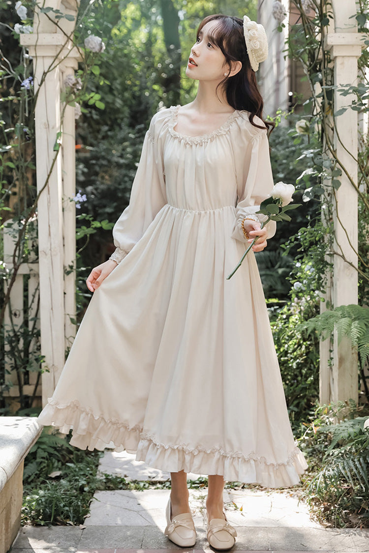 Pink/Apricot Square Collar Long Sleeves Ruffled Embroidered Lace-Up Sweet Lolita Two-Piece Dress Set - Product - 15