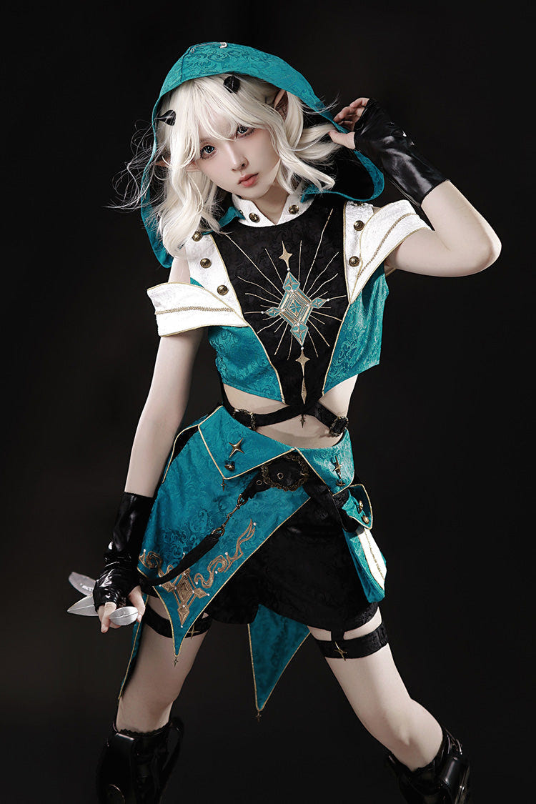 Blue/Green [Traveler’s Outfit] Print Embroidery Hooded Ouji Fashion Sweet Handsome Lolita Set - Blue/Green - 1