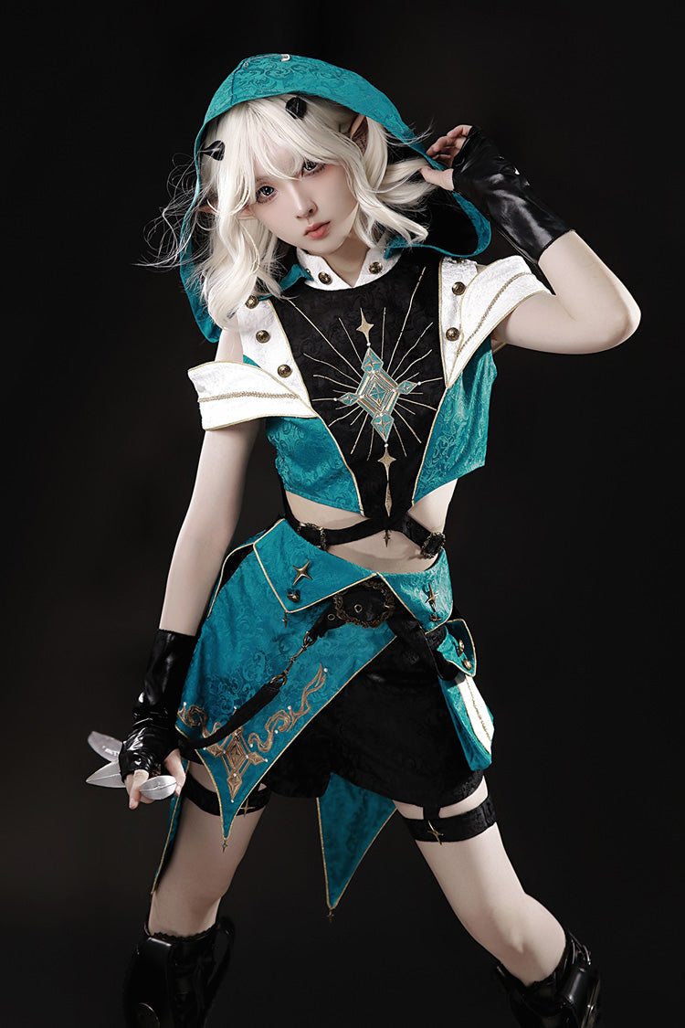 Blue/Green [Traveler’s Outfit] Print Embroidery Hooded Ouji Fashion Sweet Handsome Lolita Set - Blue/Green - 1