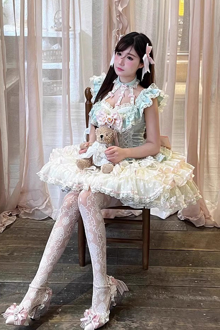 Green [Flower Language of Eros] Halterneck Multi-Layered Ruffle Bowknot Rose Lace Lace-Up Sweet Ballet Lolita Jsk Dress - Product - 6