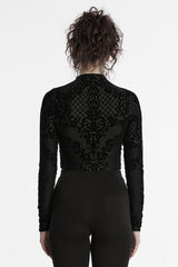 Black Long Sleeves Flocking Mesh Zipper Women's Gothic Jacket - Product - 3