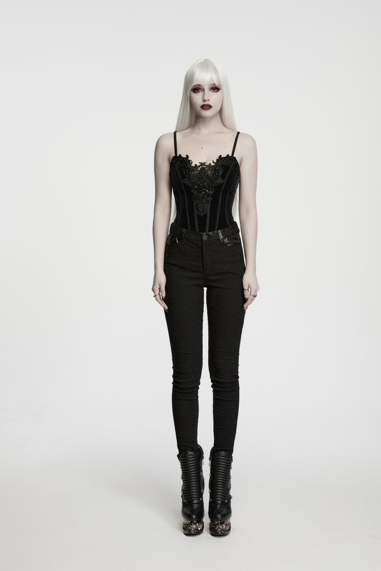 Black Jacquard Slim Fit Women's Gothic Cool Cosplay Pants - Product - 2