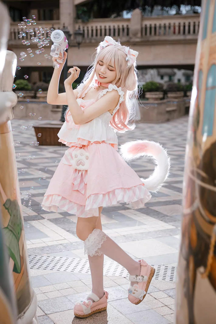 Pink [Miss Meow] Print Ruffle Bowknot Sweet Lolita Skirt Set - Product - 7