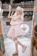 Pink [Miss Meow] Print Ruffle Bowknot Sweet Lolita Skirt Set - Product - 7