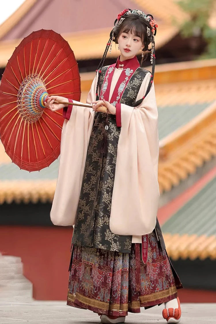Black/Red Round Collar High Waisted Hot Stamping Embroidery Chinese Style Hanfu Dress Three Piece - image 2