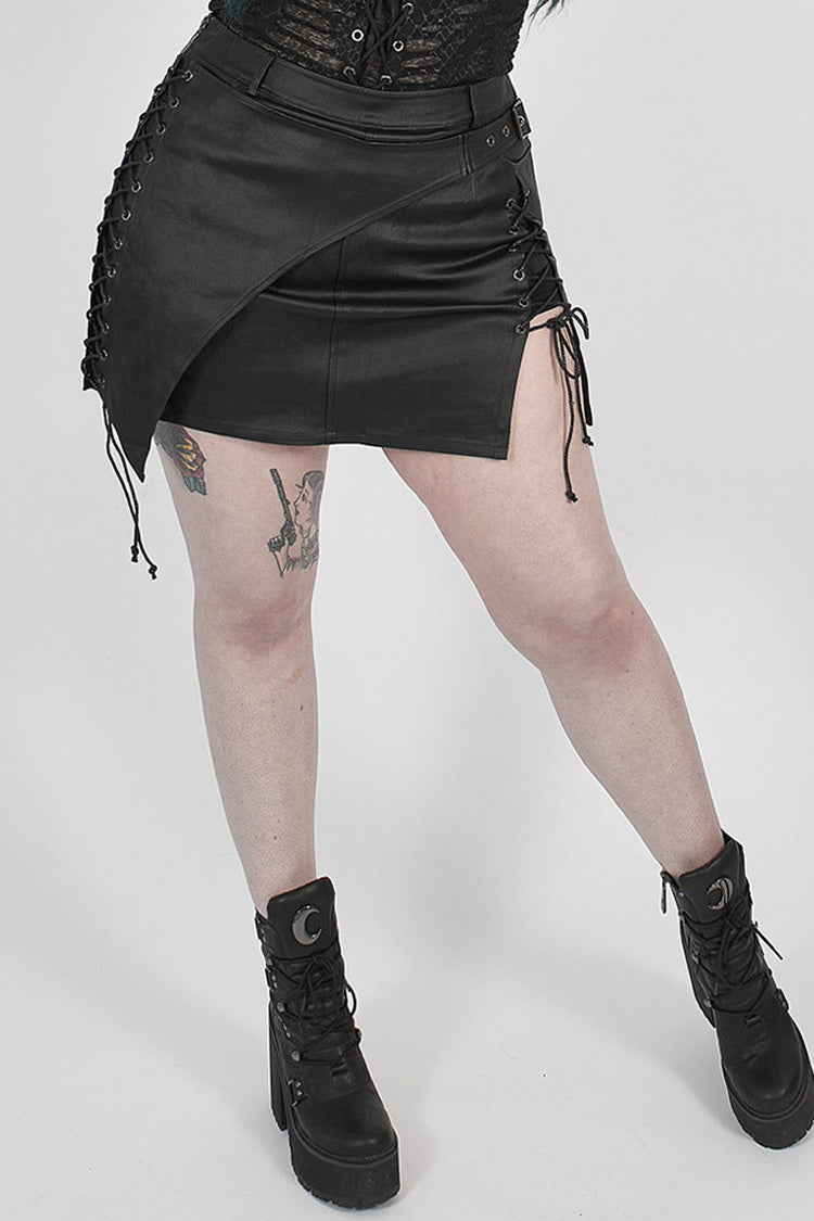 Black Side Metal Clasp Lace-Up Irregular Hem Plus Size Skinny Leather Women's Punk Skirt - Product - 2