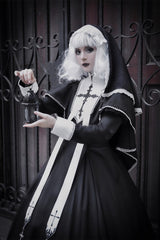 Black [Nun] Long Sleeves Print Stitching Lace Gothic Elegant Lolita Dress - Product - 2