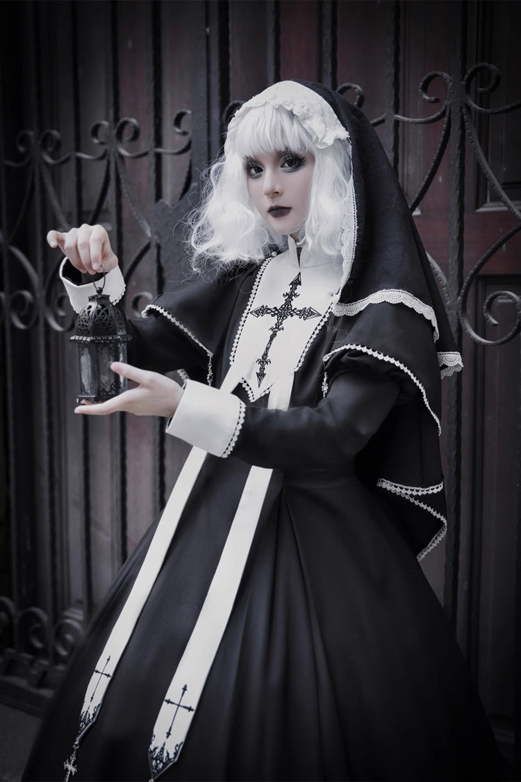 Black [Nun] Long Sleeves Print Stitching Lace Gothic Elegant Lolita Dress - Product - 2
