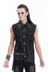 Black Lapel Collar Sleeveless Lace-Up Ripped Ring Men's Gothic Vest - Product - 6
