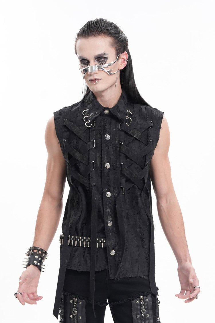 Black Lapel Collar Sleeveless Lace-Up Ripped Ring Men's Gothic Vest - Product - 6