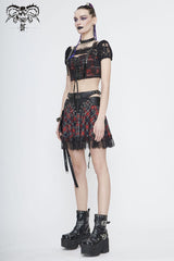 Black/Red Scottish Plaid Off Shoulder Bright Leather Straps Lace Up Lace Women's Punk T-Shirt - Product - 4