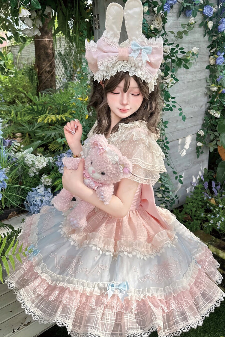 Blue/Pink [Sweetheart Bunny] Square Collar Flutter Sleeves Multi-Layered Jacquard Ruffled Embroidered Bow Lace Sweet Lolita Jsk Dress - Product - 2