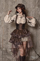 Brown Chest Straps Ruffle Irregular Detachable Tail Punk Lolita Dress - Product - 12