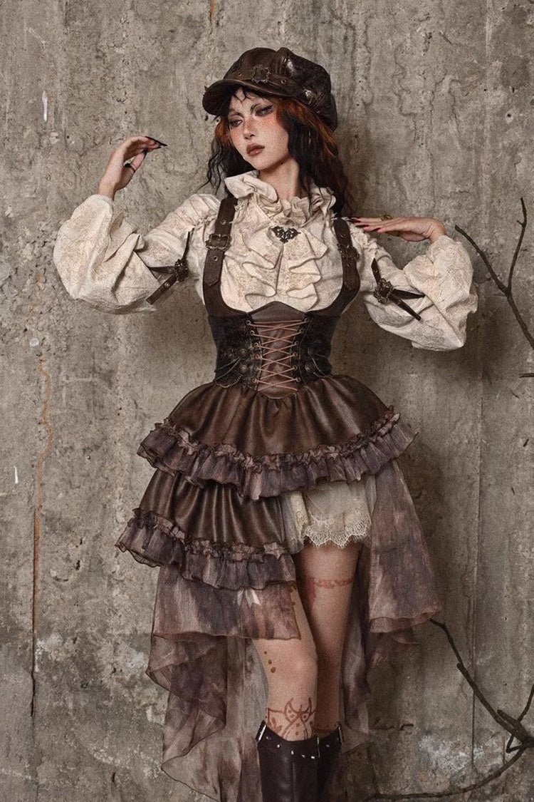 Brown Chest Straps Ruffle Irregular Detachable Tail Punk Lolita Dress - Product - 12