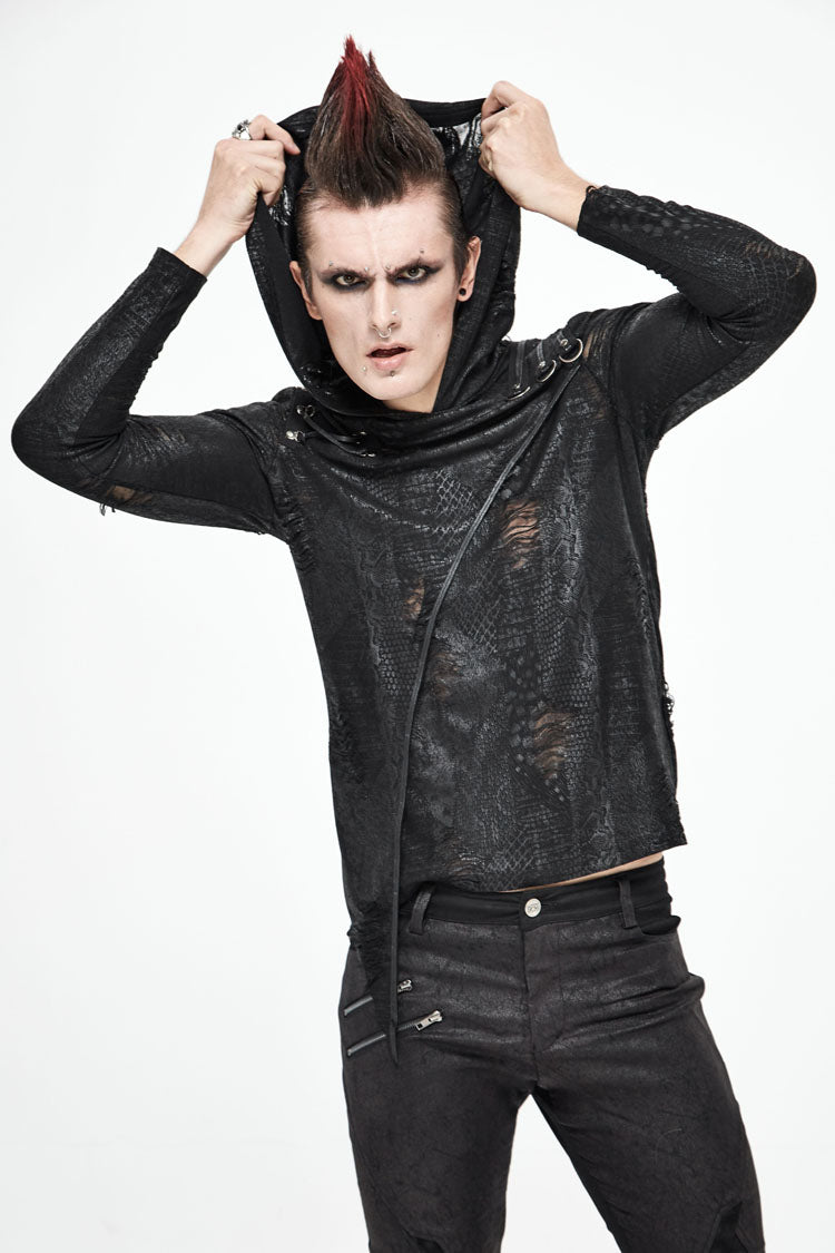 Black Broken Holes Knit Shoulder Lace-Up Irregular Hem Hooded Men's Punk T-Shirt - Product - 2