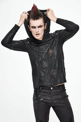 Black Broken Holes Knit Shoulder Lace-Up Irregular Hem Hooded Men's Punk T-Shirt - Product - 2