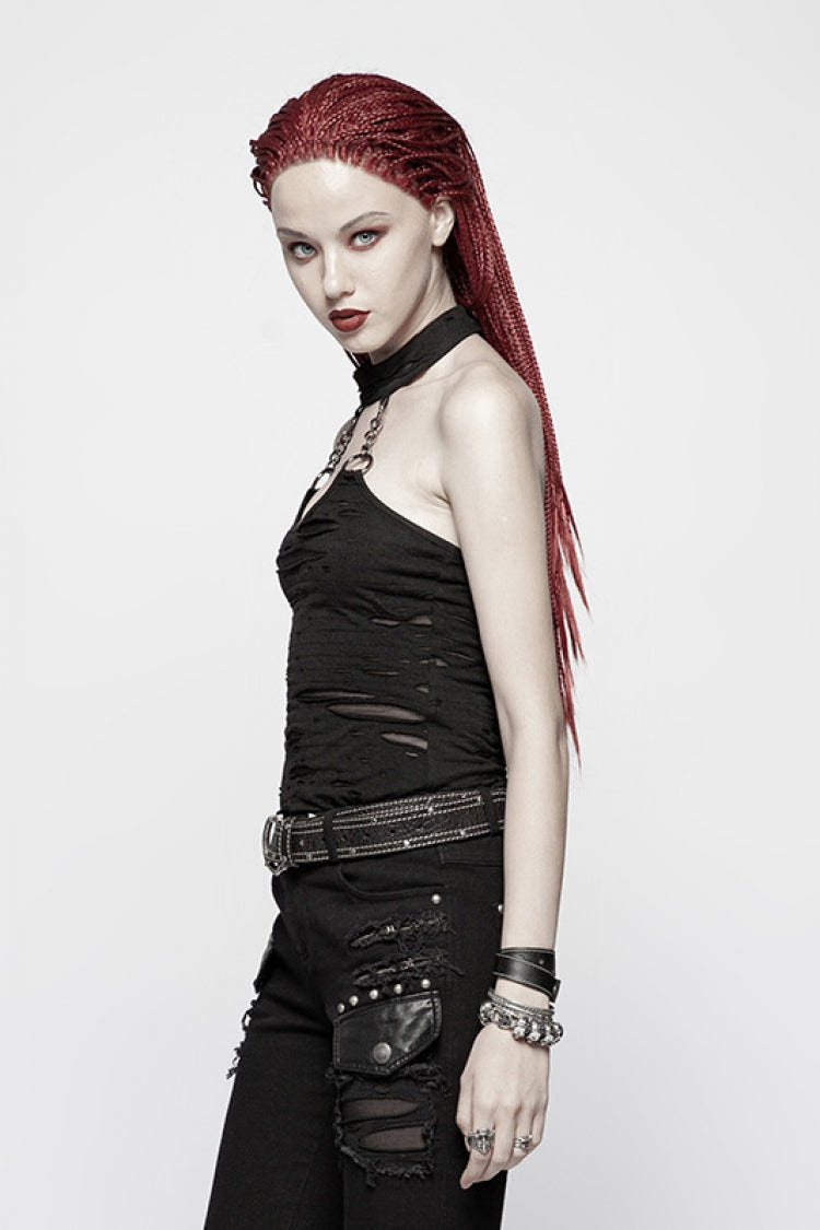 Black Metal Chain Sleeveless Ripped Women's Halter Steampunk Vest - Product - 2