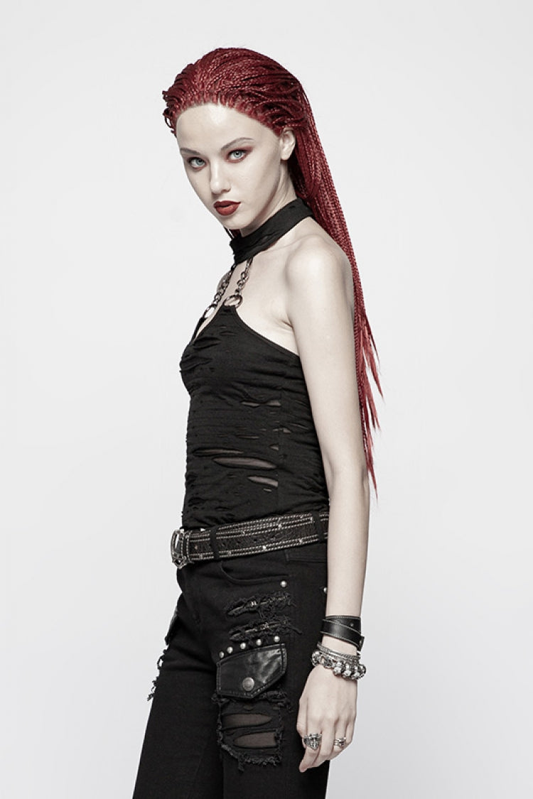 Black Metal Chain Sleeveless Ripped Women's Halter Steampunk Vest - Product - 2