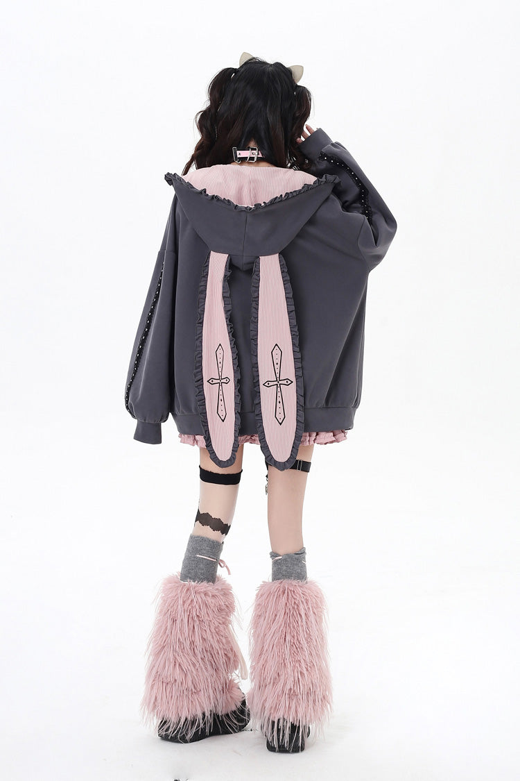 [Striped Bunny Ears] Long Sleeves Heart Print Embroidery Hooded Zipper Sweet Jirai Kei Cool Lolita Coat 2 Colors - Product - 10