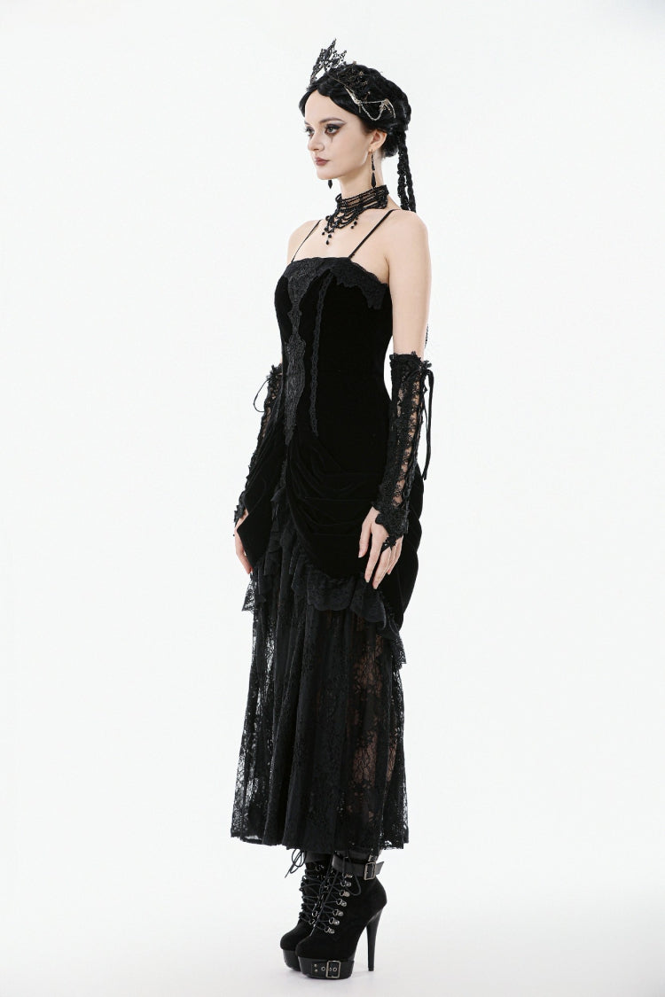 Black Women's Gothic Embroidered Lace Hem Ruched Slip Wedding Dress - Product - 4