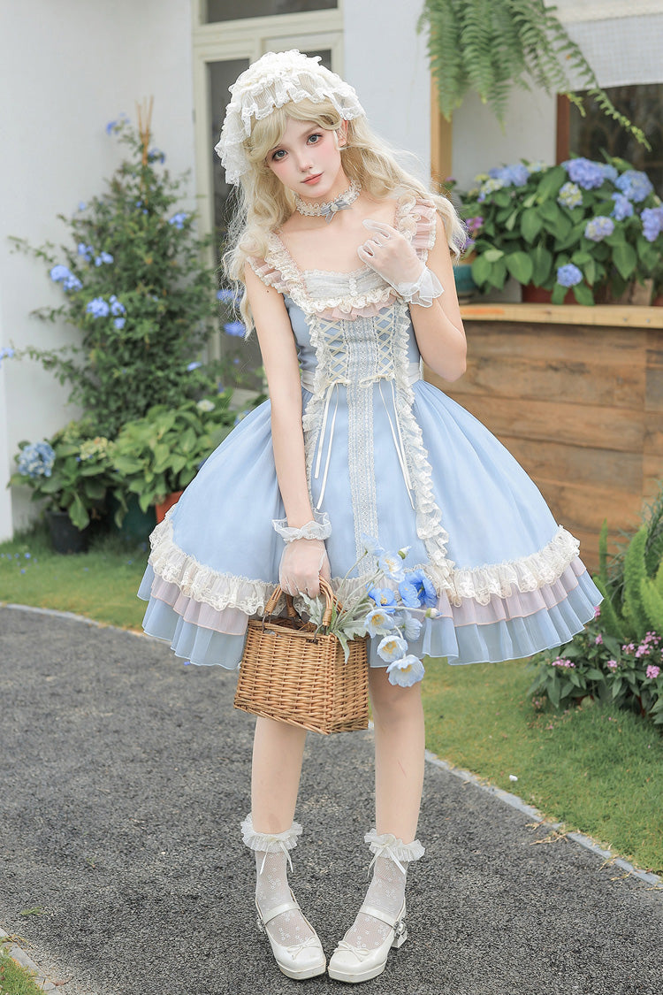 Blue [Island Diary] Square Collar Flutter Sleeves Triple-Layered Ruffled Lace-Up Sweet Lolita Jsk Dress 2 Versions - Product - 20