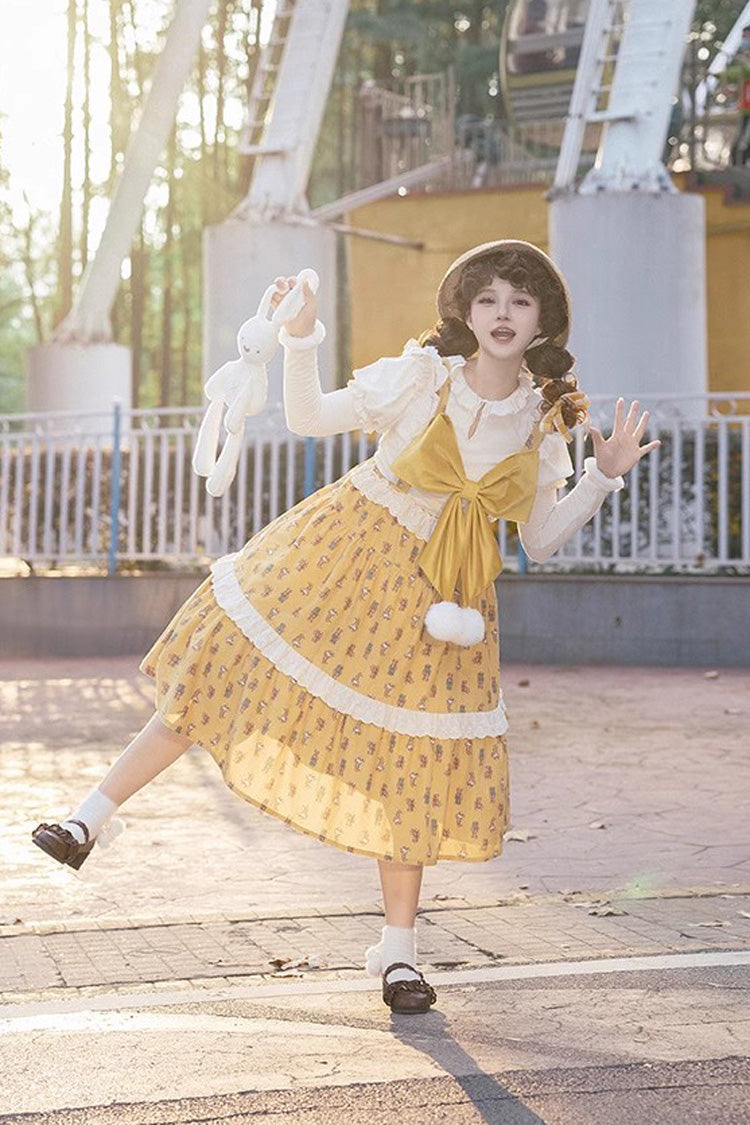 Yellow Stuffed Bear Print Bowknot Sweet Lolita Jsk Dress - Product - 6