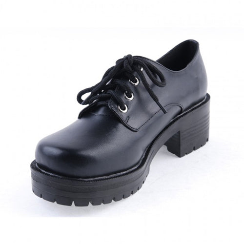Black Synthetic Leather Round Toe Military Style Platform Lolita Shoes - Product - 6