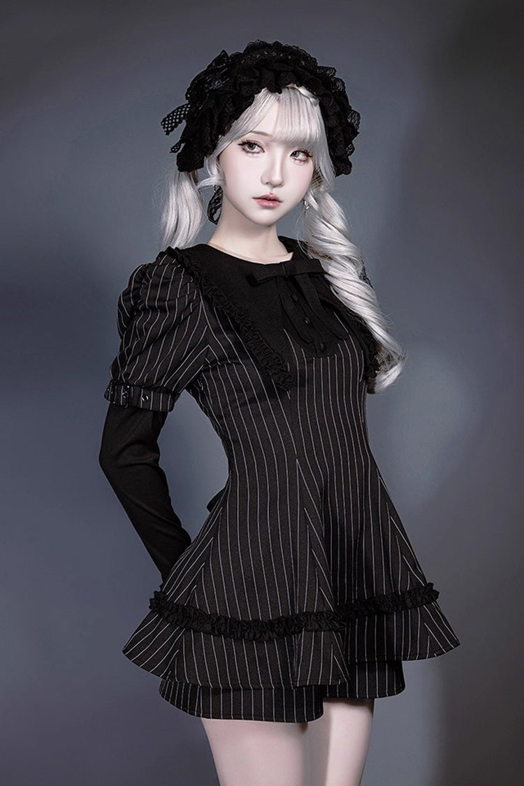 Black Long Sleeves Vertical Stripe Print Ruffle Bowknot Jirai Kei Japanese Witch Set - Product - 3