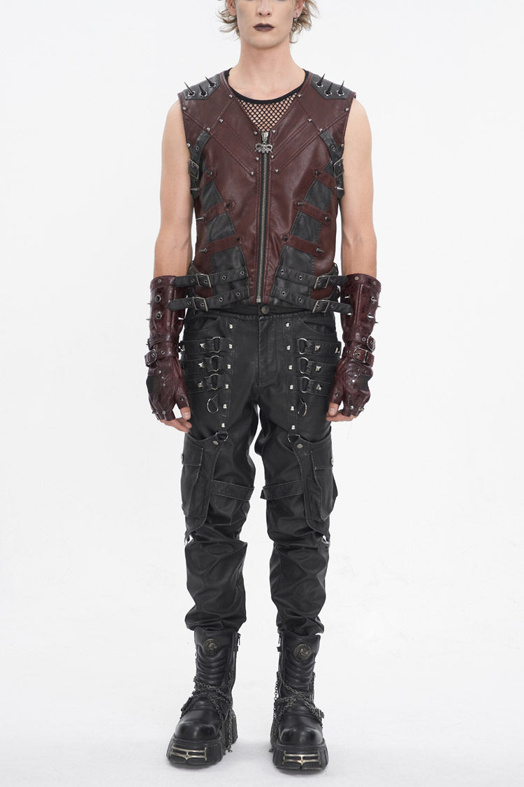 Red Studded Faux Leather Men's Punk Vest - Red - 1