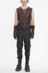 Red Studded Faux Leather Men's Punk Vest - Red - 1