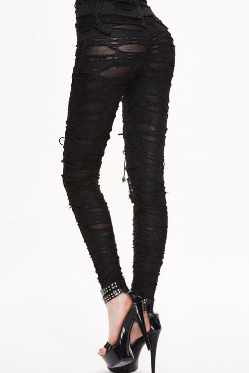 Black Leather Broken Holes Coated Knit Womens Pants - Product - 3