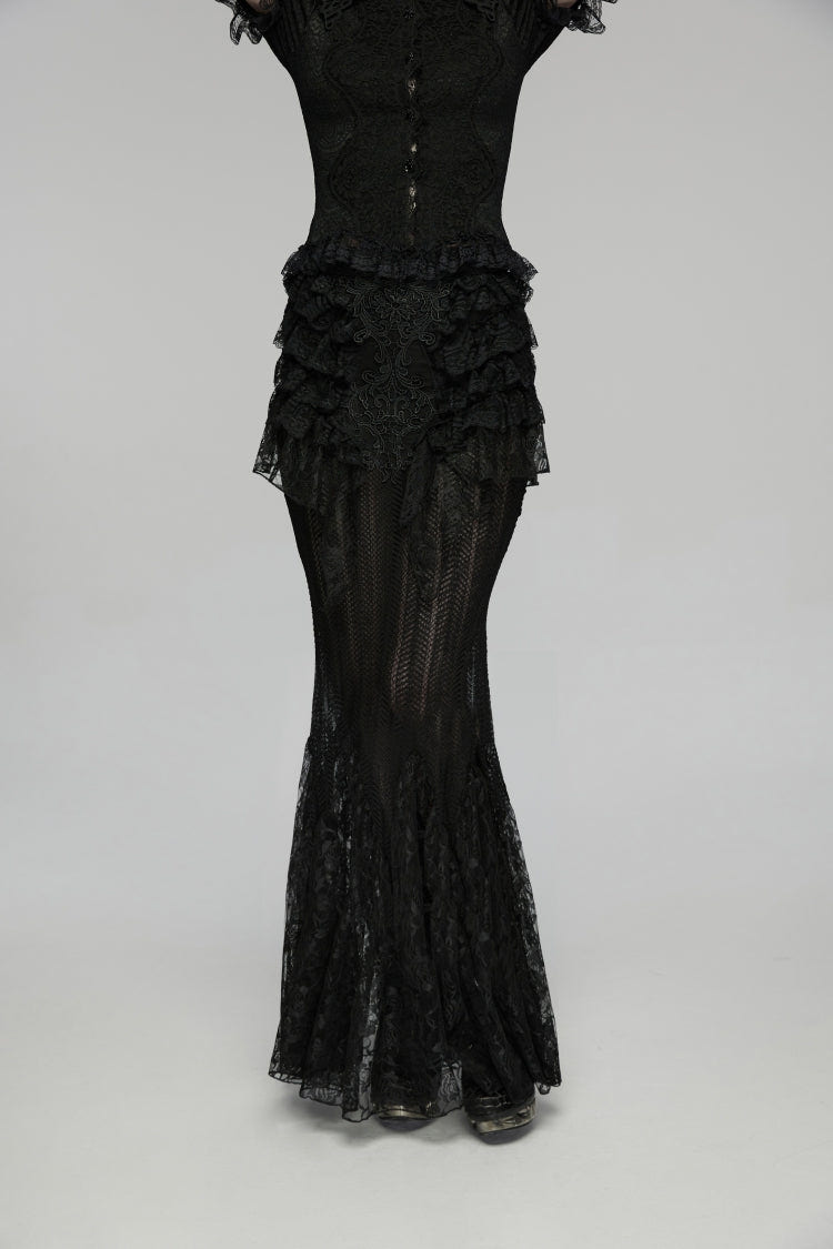 Black Embroidered Spliced Ruffled Lace Slim Mesh Women's Gothic  Mermaid Skirt - Product - 11
