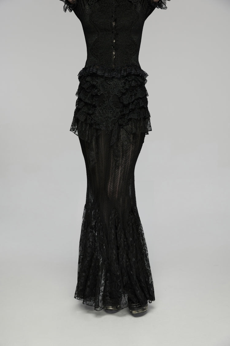 Black Embroidered Spliced Ruffled Lace Slim Mesh Women's Gothic  Mermaid Skirt - Product - 11