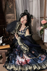 [Nine-tailed fox] Print Ruffle Bowknot Classic Chinese Style Princess Lolita Jsk Dress 2 Colors - Blue - 2