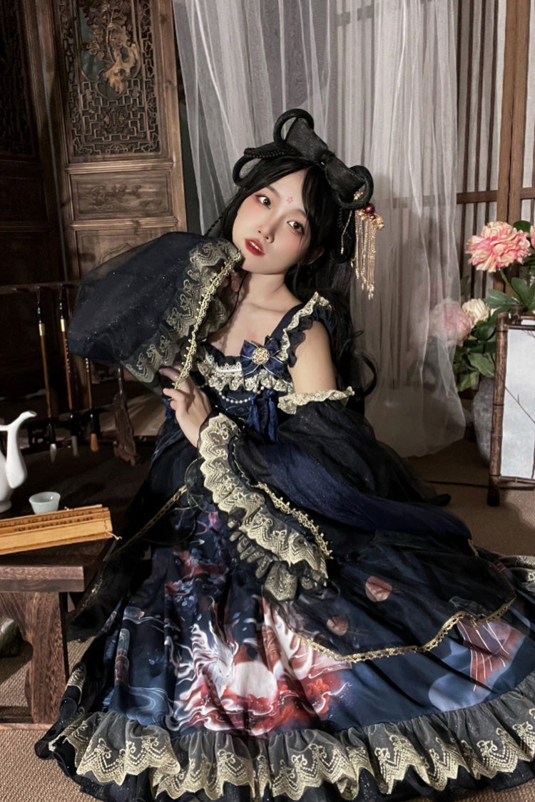 [Nine-tailed fox] Print Ruffle Bowknot Classic Chinese Style Princess Lolita Jsk Dress 2 Colors - Blue - 2