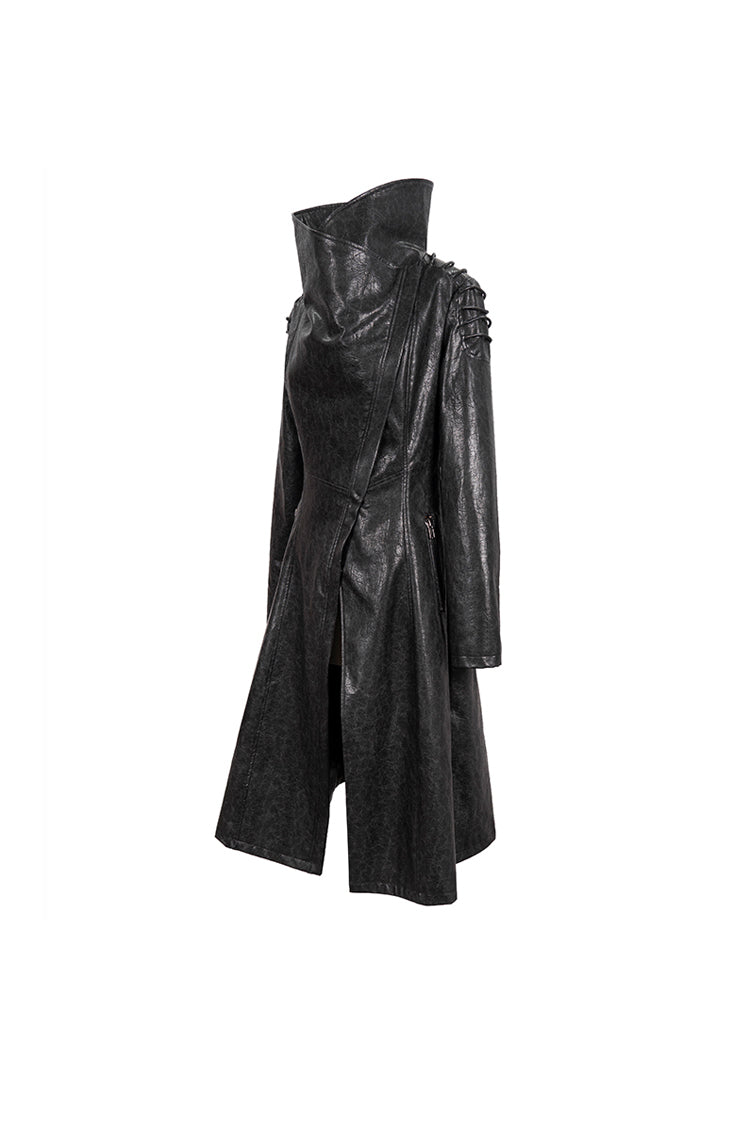 Black/Gray Large Neckline Design Long Leather Shoulder String Decoration Women's Punk Jacket - Product - 5