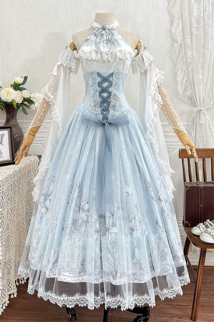 Blue [Snow Lily] Print Ruffle Hanayome Embroidery Bowknot Lace-Up Sweet Elegant Princess Lolita Skirt Set - Blue - 1