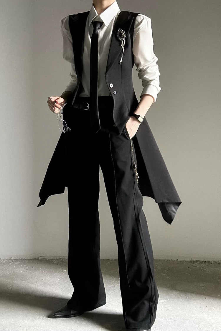 Black V Collar Sleeveless Slim Asymmetric Swallowtail Prince Gothic Ouji Lolita Long Vest - Product - 9
