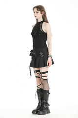 Black Women's Punk Buckled Eyelet Multi-Pockets Pleated Mini Skirt - Product - 11
