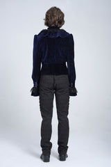 Blue V Collar Long Sleeves Ruffle Stitching Lace Men's Gothic Blouse - Product - 7