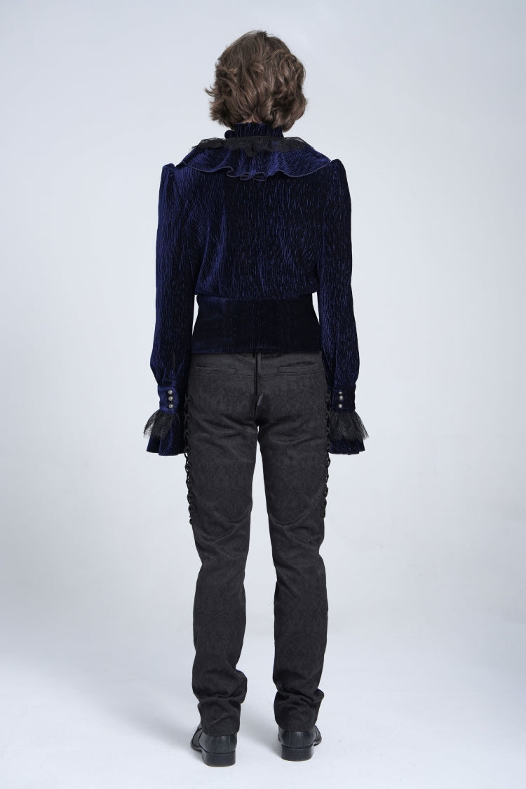 Blue V Collar Long Sleeves Ruffle Stitching Lace Men's Gothic Blouse - Product - 7