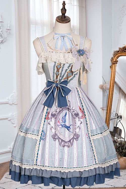 Light Blue Vintage Finches In The Mirror Print Country Style Bowknot Multi-Layer Ruffled Classic Lolita JSK Dress - Product - 5