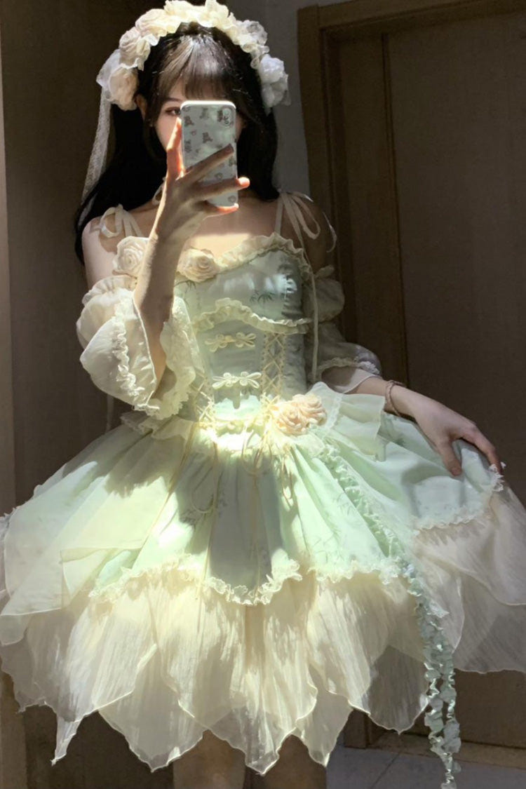 Green [Tea Bamboo Song] Sleeveless Jacquard Ruffle Bowknot Lace Irregular Sweet Chinese Style Ballet Lolita Jsk Dress Short Version Set - Product - 2