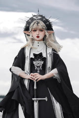 Black [Cross Nun] Stand Collar Off Shoulder Print Bowknot Gothic Elegant Lolita Dress - Product - 5