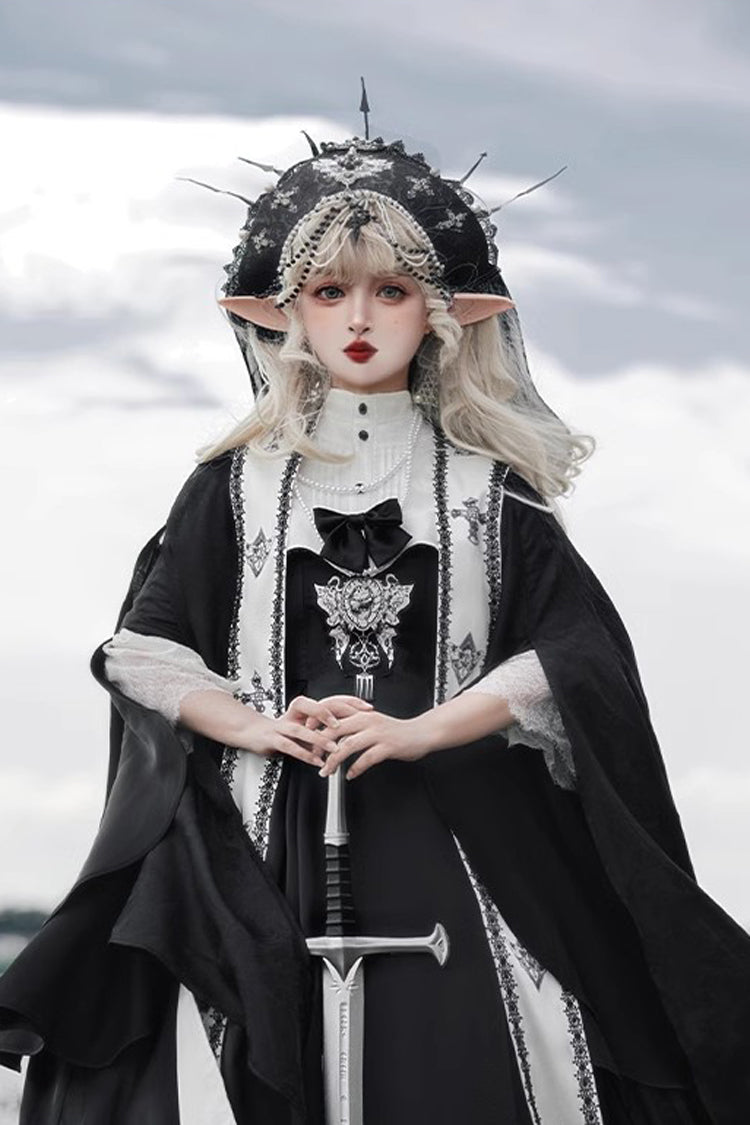 Black [Cross Nun] Stand Collar Off Shoulder Print Bowknot Gothic Elegant Lolita Dress - Product - 5