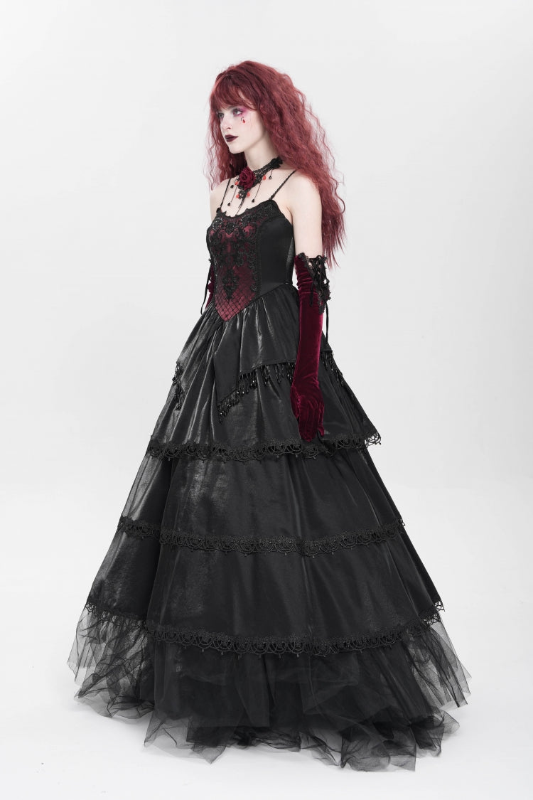 Black Sleeveless Multi-Layered Embroidery Pearl Women's Gothic Slip Dress - Product - 2