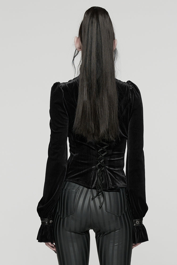 Black Stand Collar Long Puff Sleeves Stitching Lace-Up Women's Gothic Coat - Product - 3