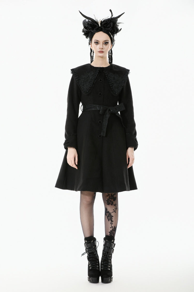 Black Floral Embroidered Peter Pan Collar Long Sleeves Bowknot Women's Gothic Coat - Product - 6