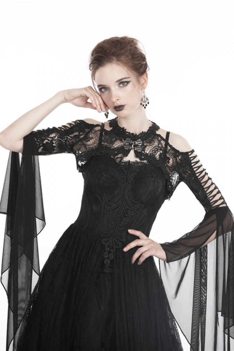 Black Off Shoulder Sheer Lace Long Trumpet Chiffon Sleeves Cut-Out Women's Gothic Capelet - Product - 6