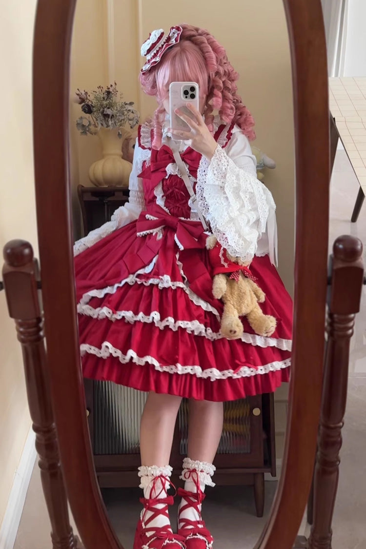 [Grisha] Sleeveless Triple-Layered Ruffle Cardigan Bowknot Lace Sweet Plus Size Lolita Jsk Dress 3 Colors - Product - 18
